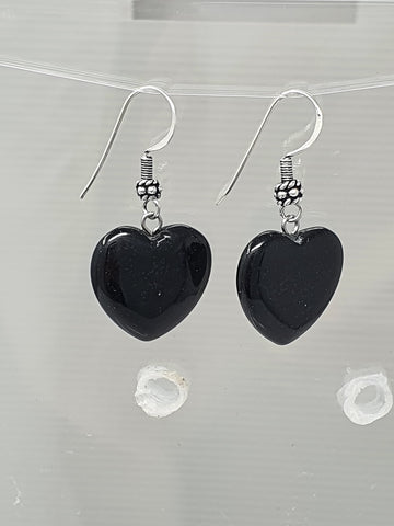 Stunning Womens Handmade Natural Black Agate Gemstone Heart Shape Sterling Silver Drop Earrings