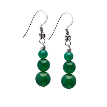 Womens Natural Gemstone Triple Bead and Sterling Silver Dangle Drop Earrings Handmade Green Agate