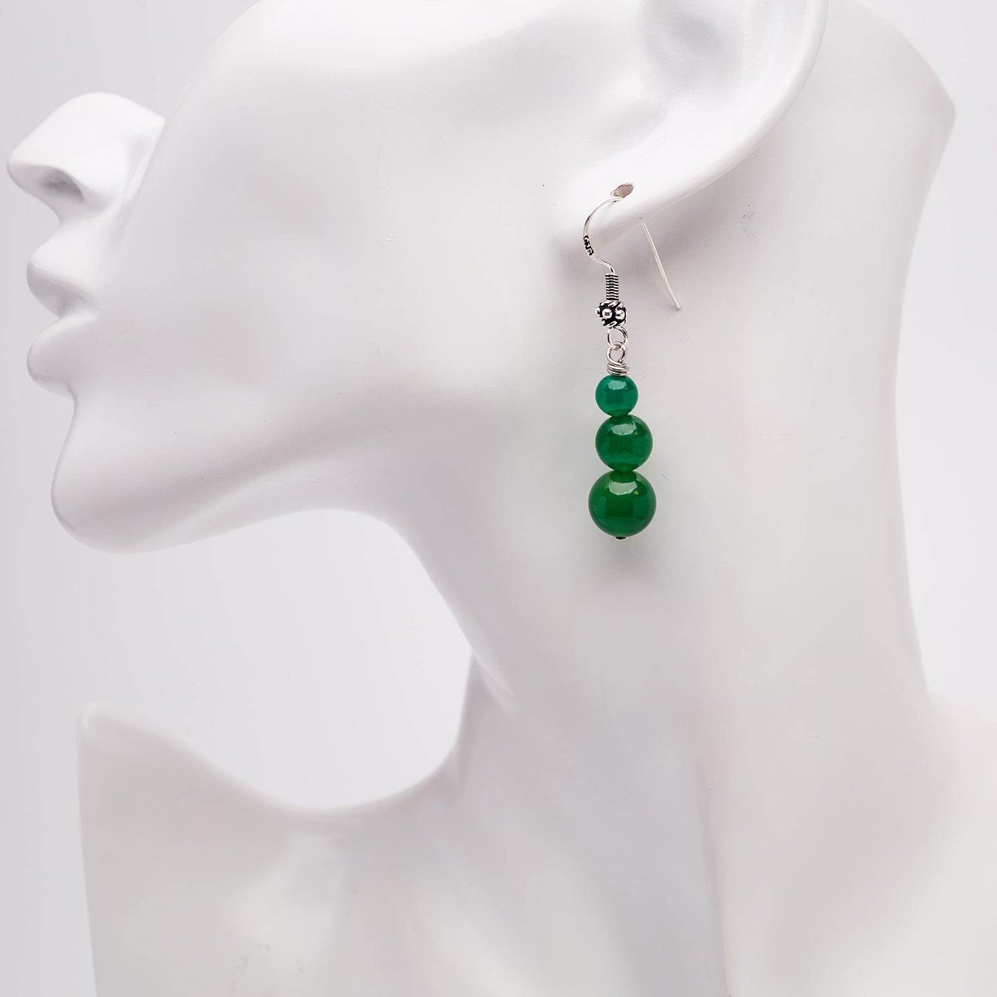 Gorgeous Womens Natural Gemstone Triple Bead and Sterling Silver Dangle Drop Earrings Handmade Green Agate