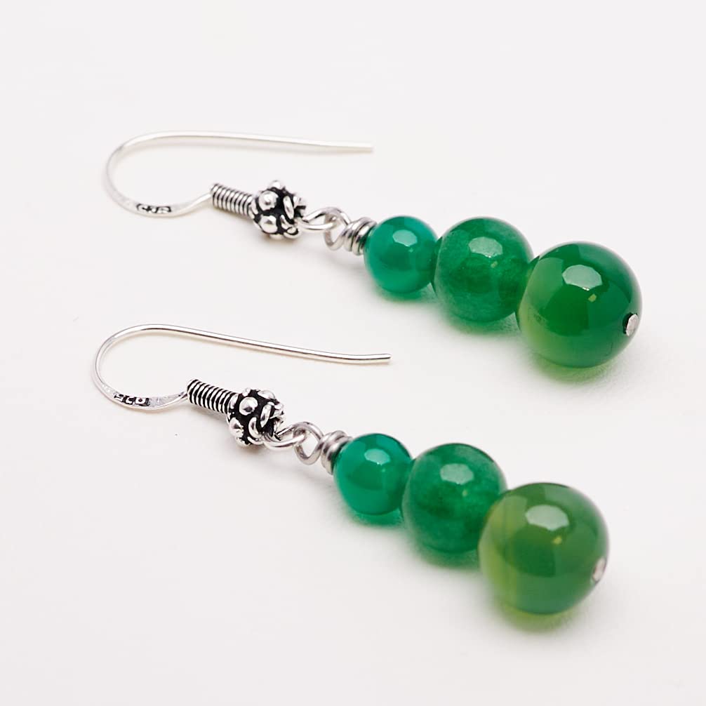 Stunning Womens Natural Gemstone Triple Bead and Sterling Silver Dangle Drop Earrings Handmade Green Agate