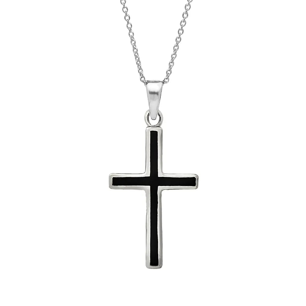 925 Sterling Silver Black Enamel Cross Pendant Necklace For Men and Women