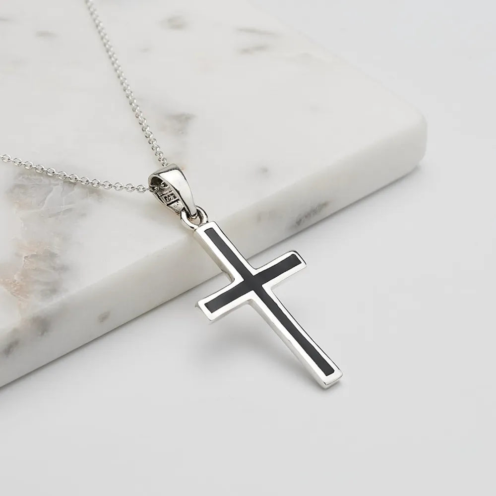 925 Sterling Silver Black Enamel Cross Pendant Necklace For Men and Women