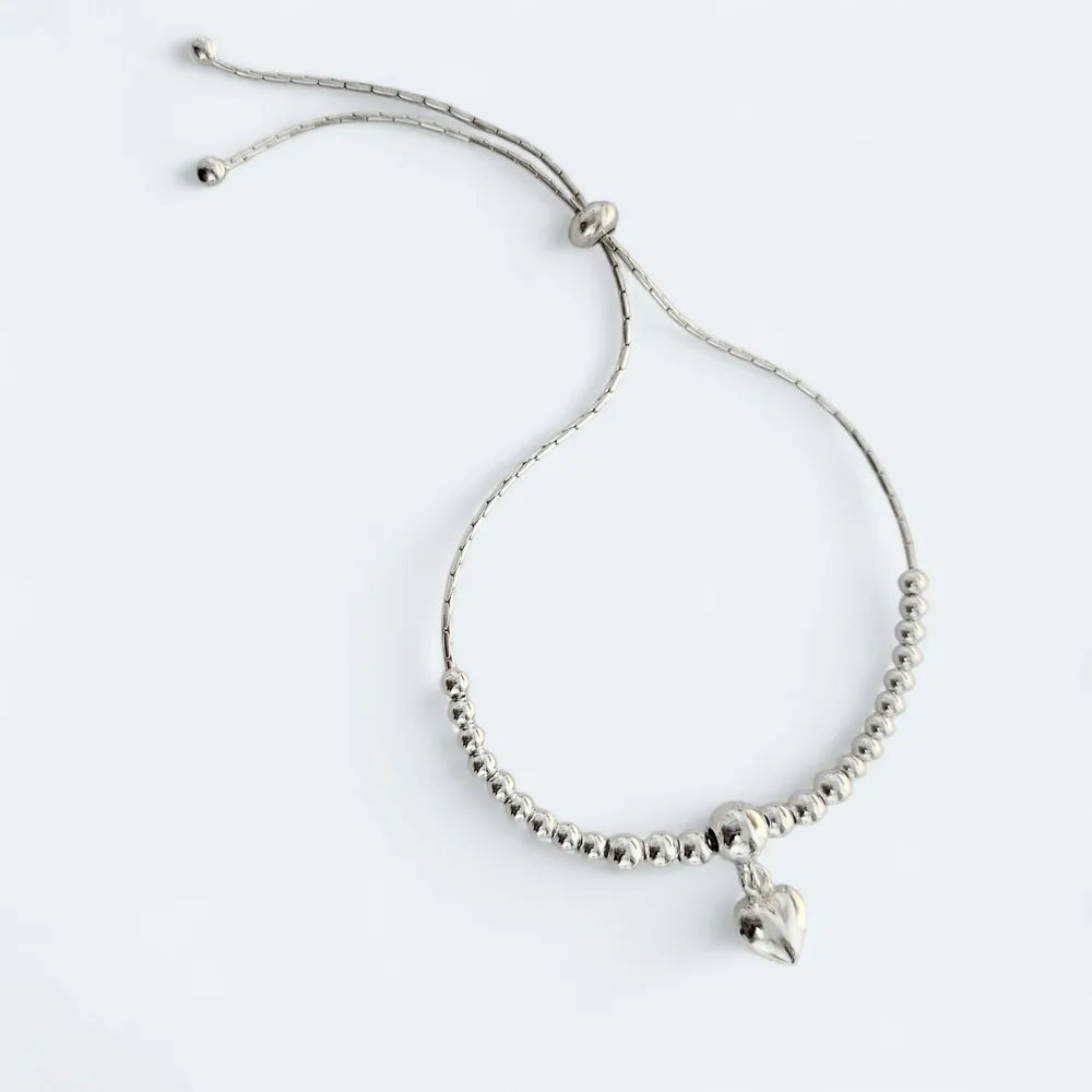 925 Sterling Silver Beaded Heart Charm Bracelet for Women
