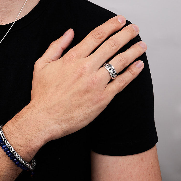 Mens silver Braided Ring, Spinning Stress Relief Ring
