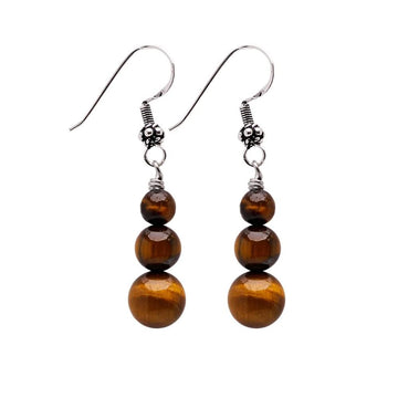 Womens Natural Gemstone Triple Bead and Sterling Silver Dangle Drop Earrings Handmade Brown Tigers Eye