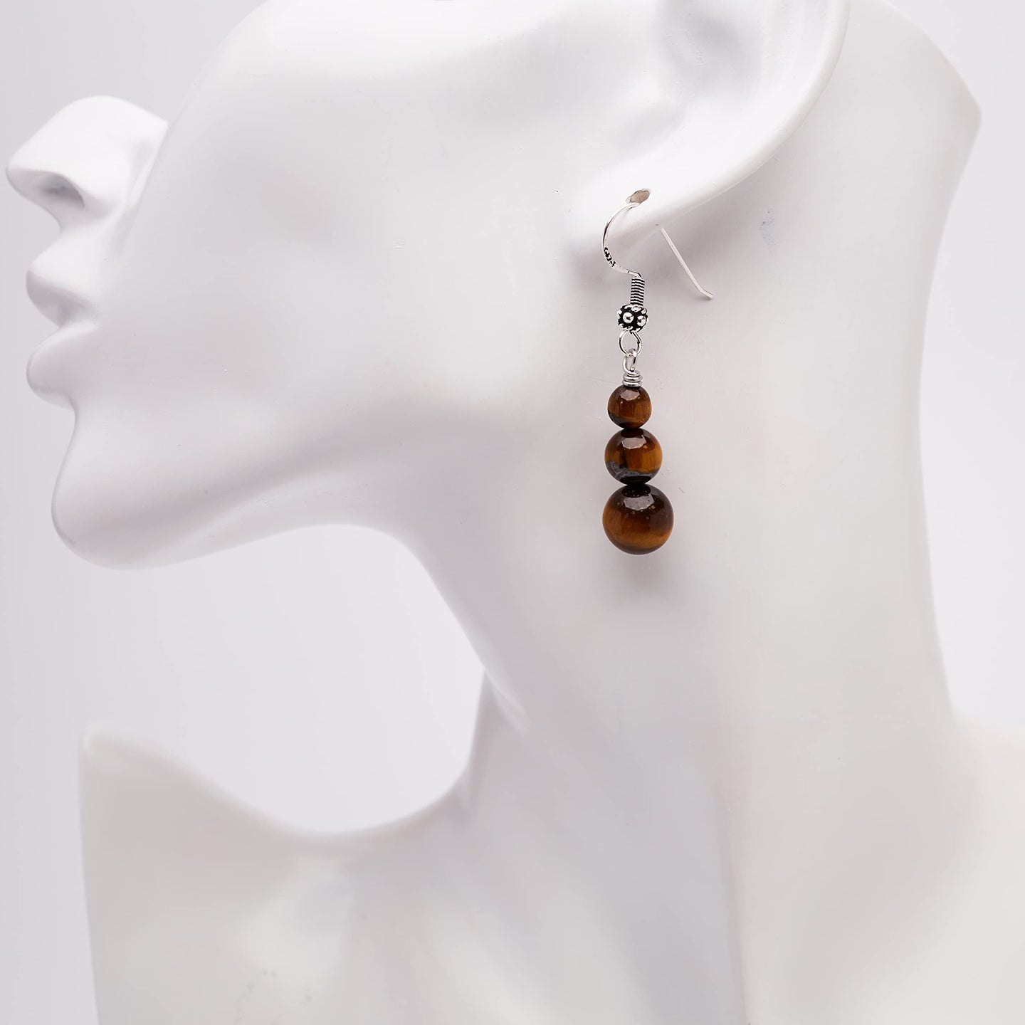 Stunning Womens Natural Gemstone Triple Bead and Sterling Silver Dangle Drop Earrings Handmade Brown Tigers Eye