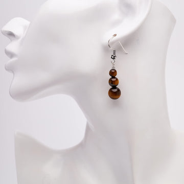 Stunning Womens Natural Gemstone Triple Bead and Sterling Silver Dangle Drop Earrings Handmade Brown Tigers Eye
