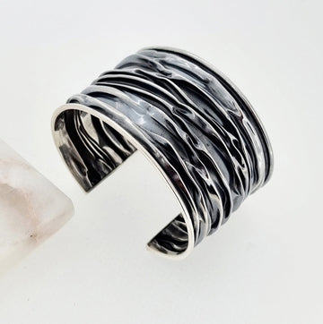 Womens Statement Chunky Large Silver Cuff Bangle 40mm Wide Crushed Design