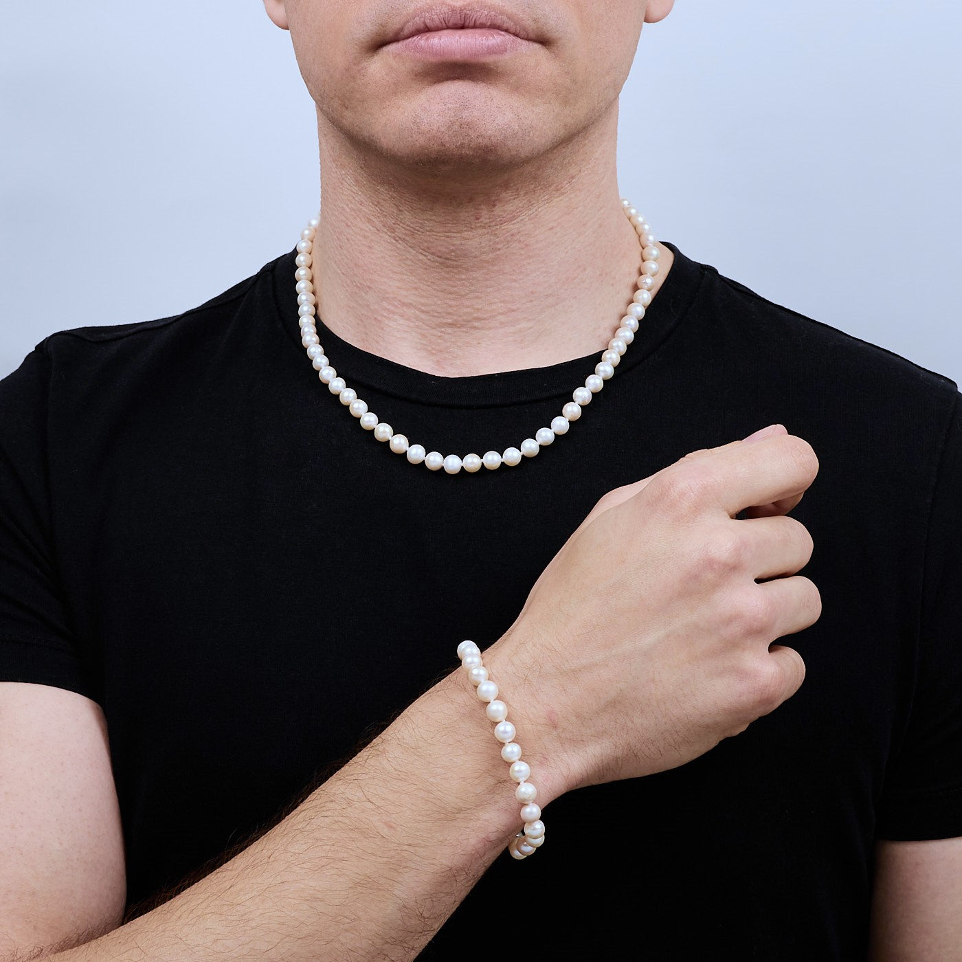 Mens Pearl Beaded Necklace Set | Classic 7mm White Cultured Pearl Neklace Bracelet Stud Earrings Set for men