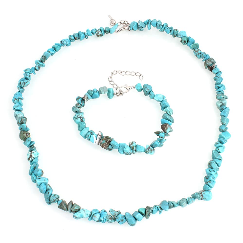 Blue Turquoise Gemstone Chips Necklace and Bracelet