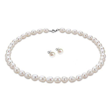 White 46cm Freshwater Pearl Necklace And 8mm Earrings Set For Women
