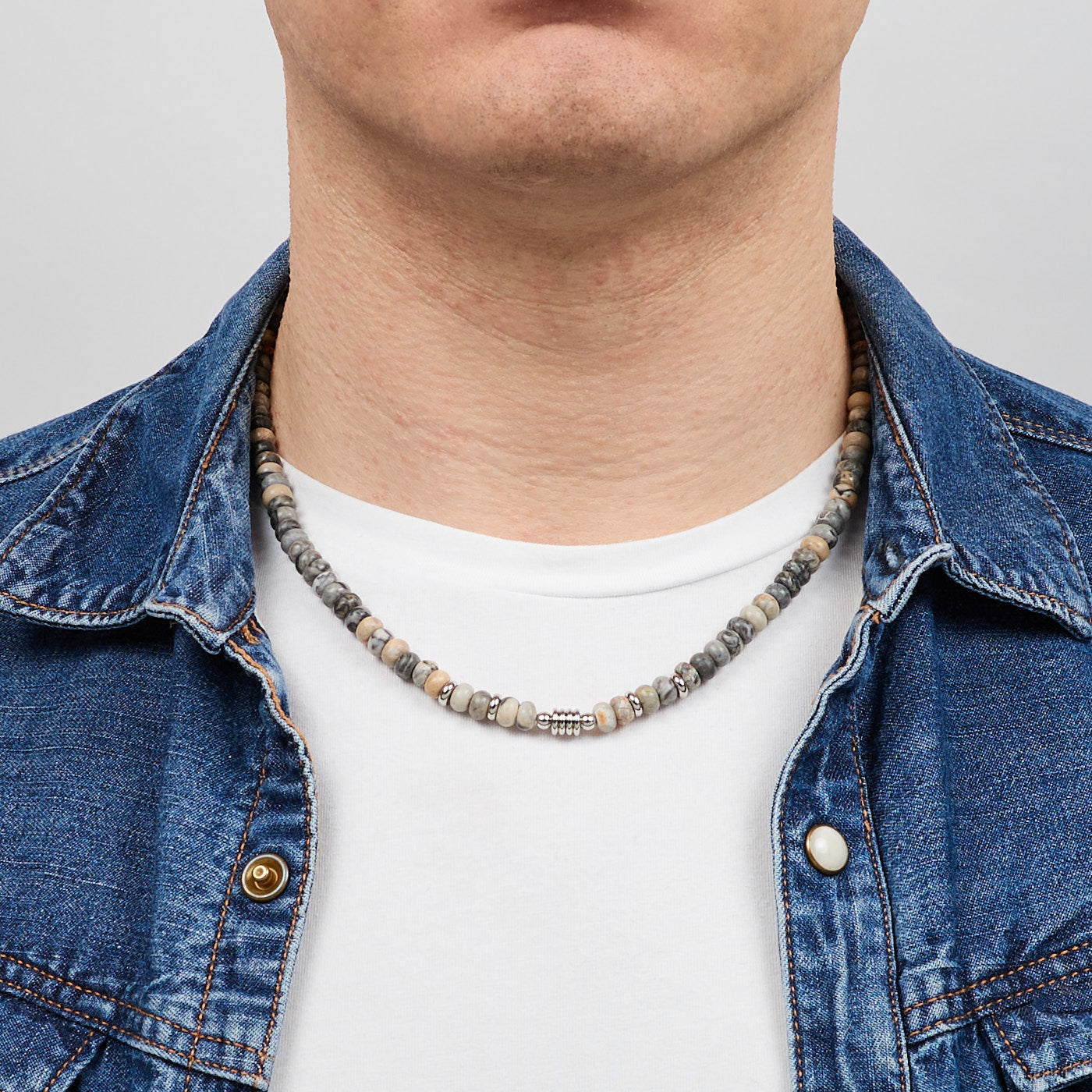 Grey Map Stone Handmade Natural Gemstone Beaded Necklace