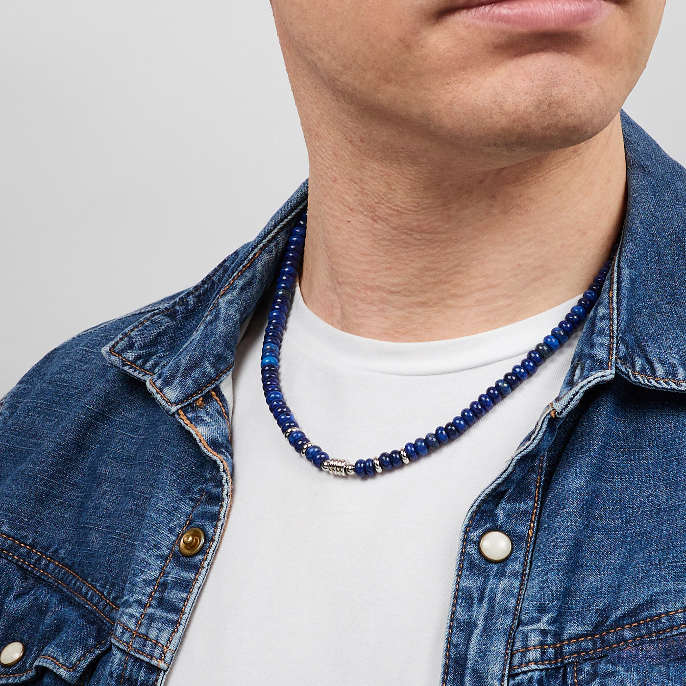 Handmade Natural Blue Rondelle Gemstone Beaded Necklace for men