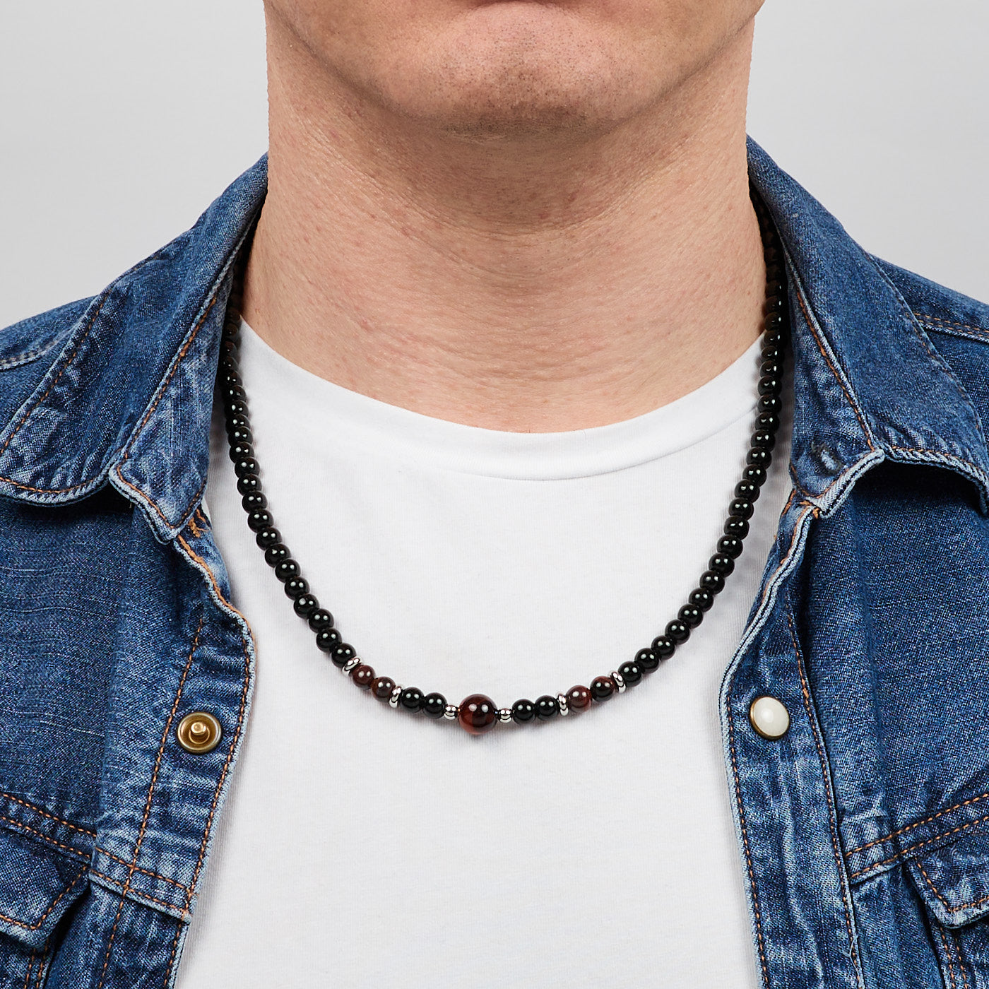 Handmade Mens beaded Natural Black/Red Tigers Eye Gemstone Necklace
