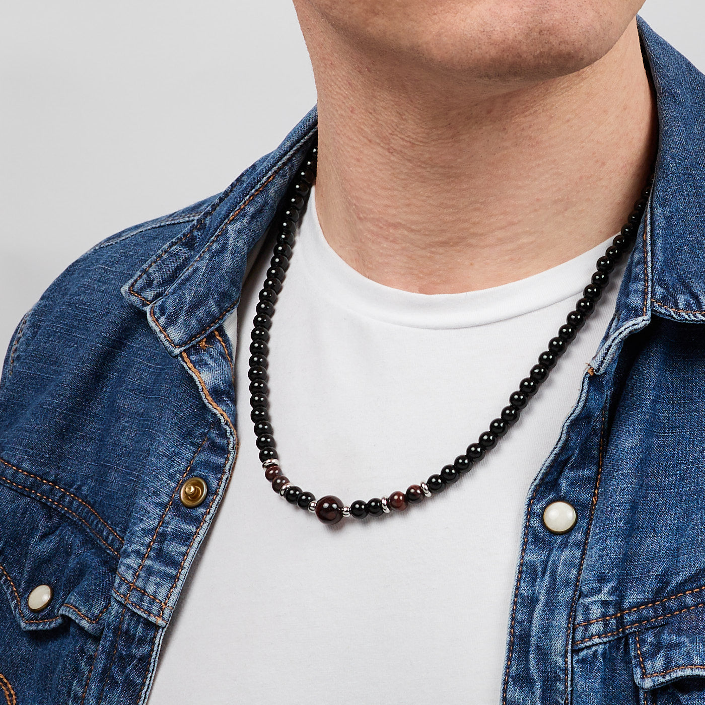  Black/Red Tigers Eye Beaded Gemstone Necklace for Men