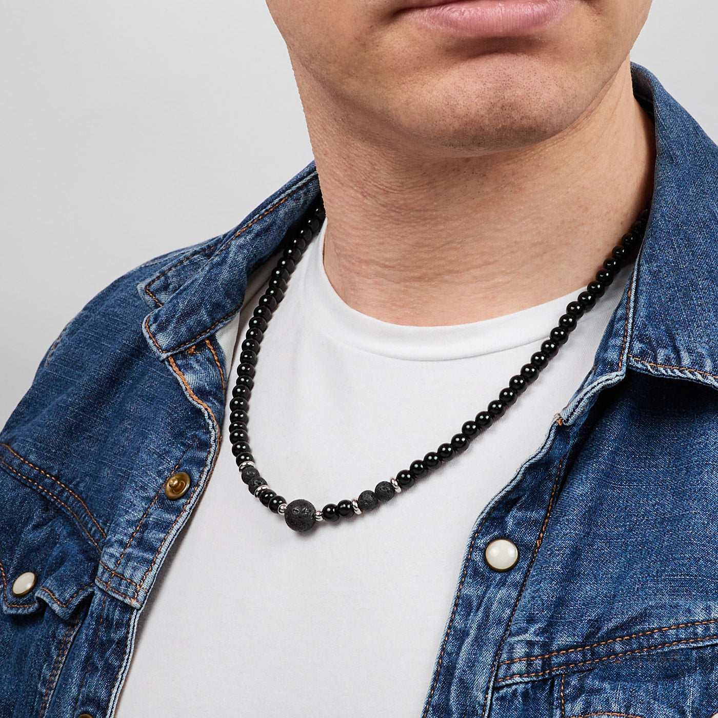  Mens Black/Lava Gemstone Beaded Necklace
