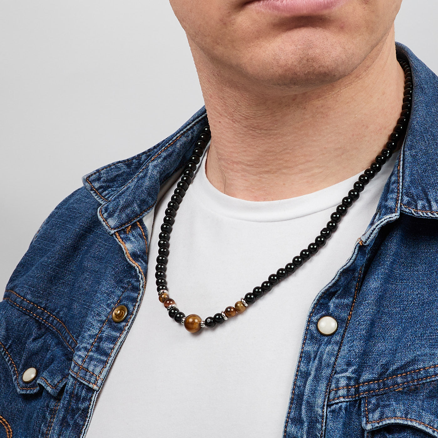 Natural Black/Brown Tigers Eye beaded Gemstone Necklace for men