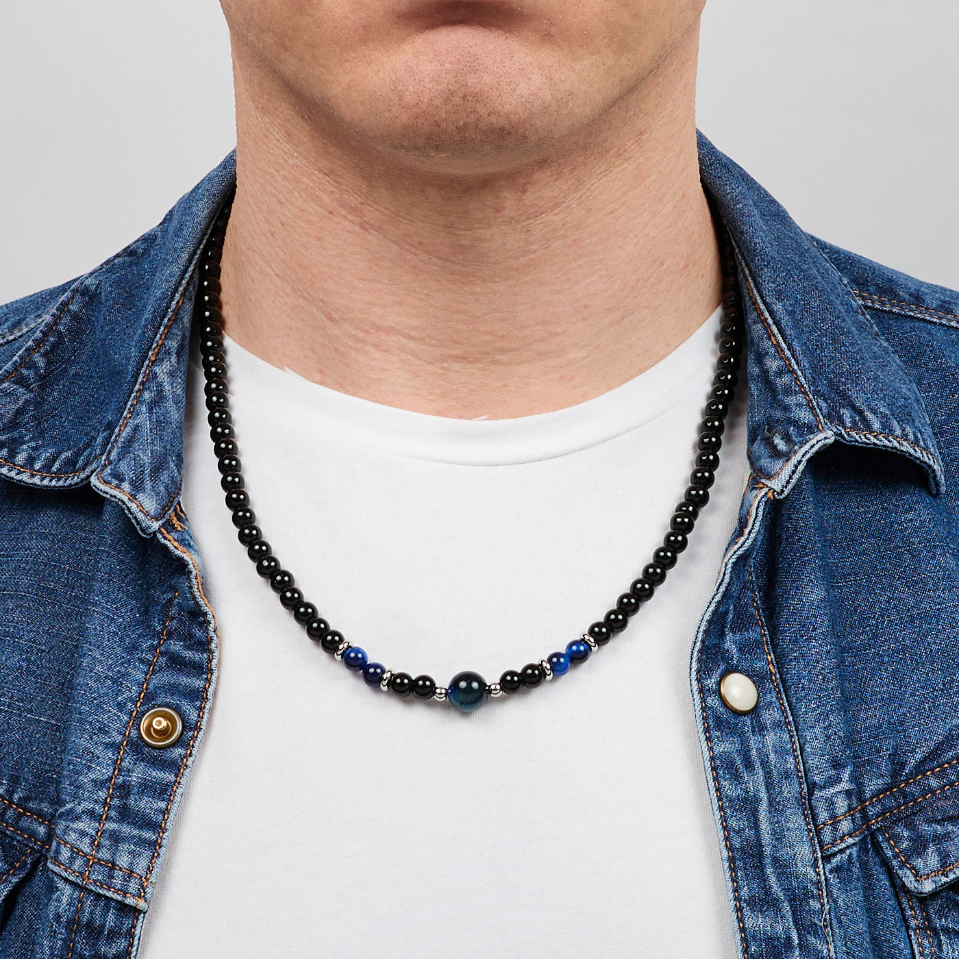 Mens Beaded Natural Black/Blue Gemstone Necklace 