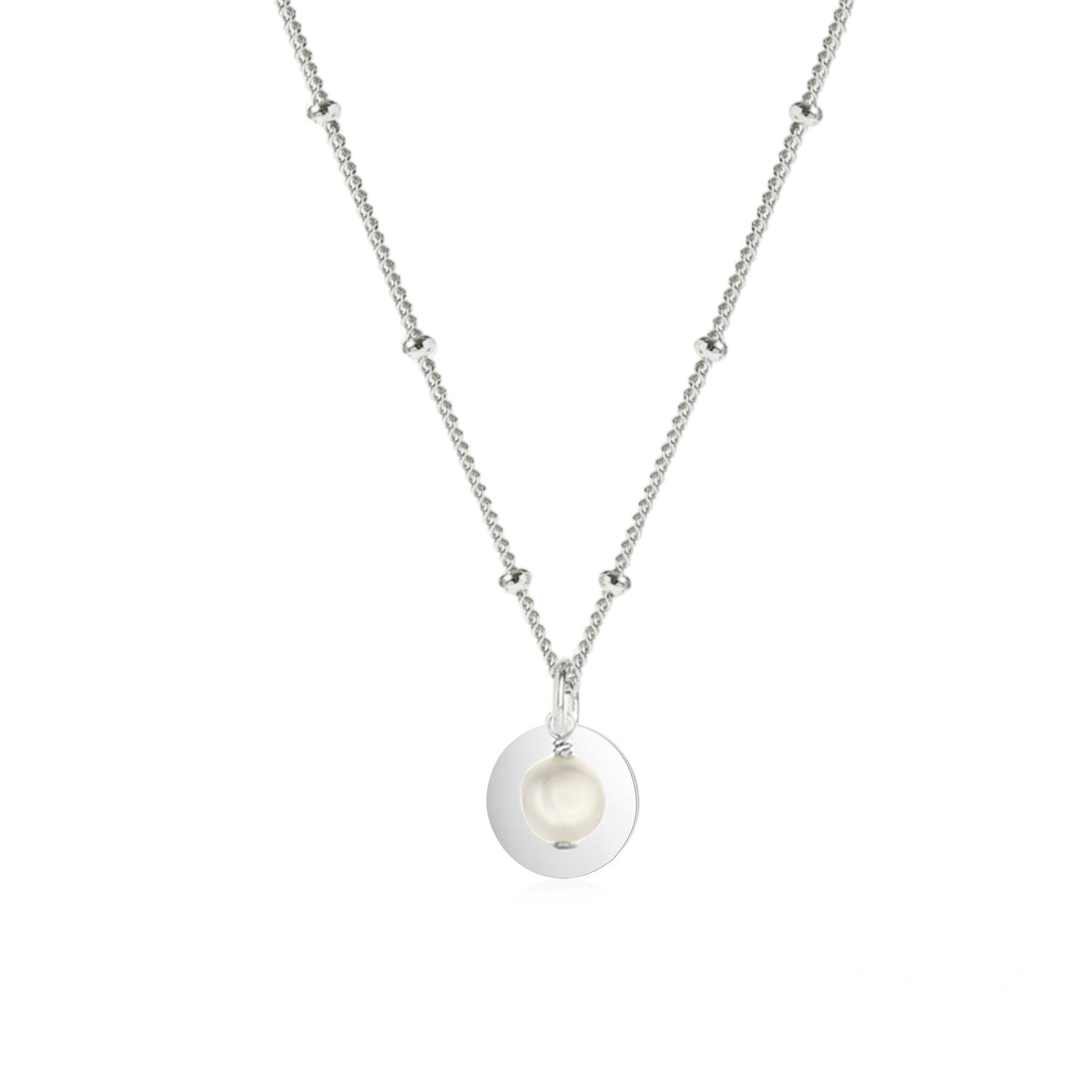 Womens 925 Silver Charm Necklace | Disc Charm and Pearl Pendant on Silver Curb Chain Beaded Necklace