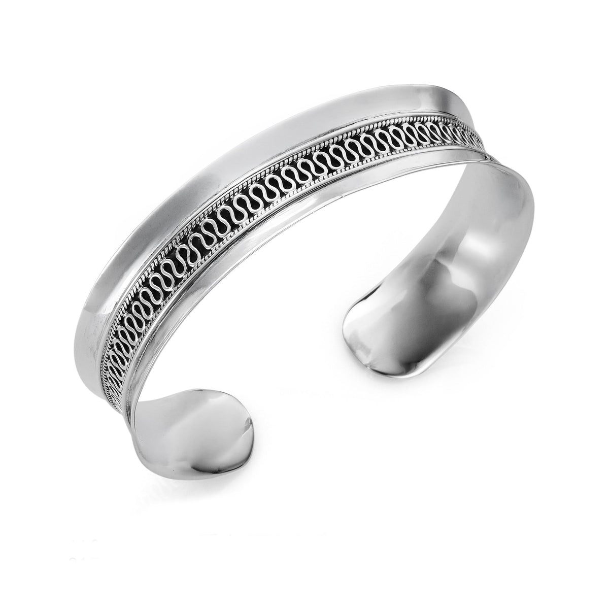 Women’s 925 sterling silver Celtic cuff bangle with intricate loop detailing, polished edges and an open back